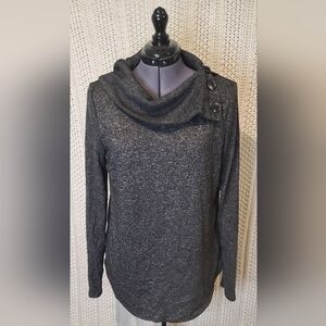 Fortune + Ivy cowl neck long sleeve heathered black with buttons women's Large